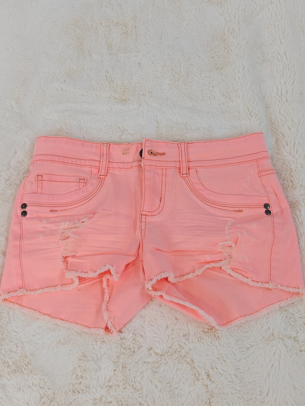 Coral Pink Distressed Denim Shorts